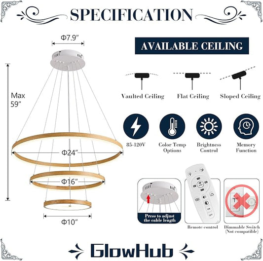 3-Ring LED Chandelier 24" Circular Pendant Light with Wood Grain Finish Dimmable Round Hanging Light Modern Farmhouse Chandeliers for Dining Room Foyer Office Adjustable 3000-6500K with Remote