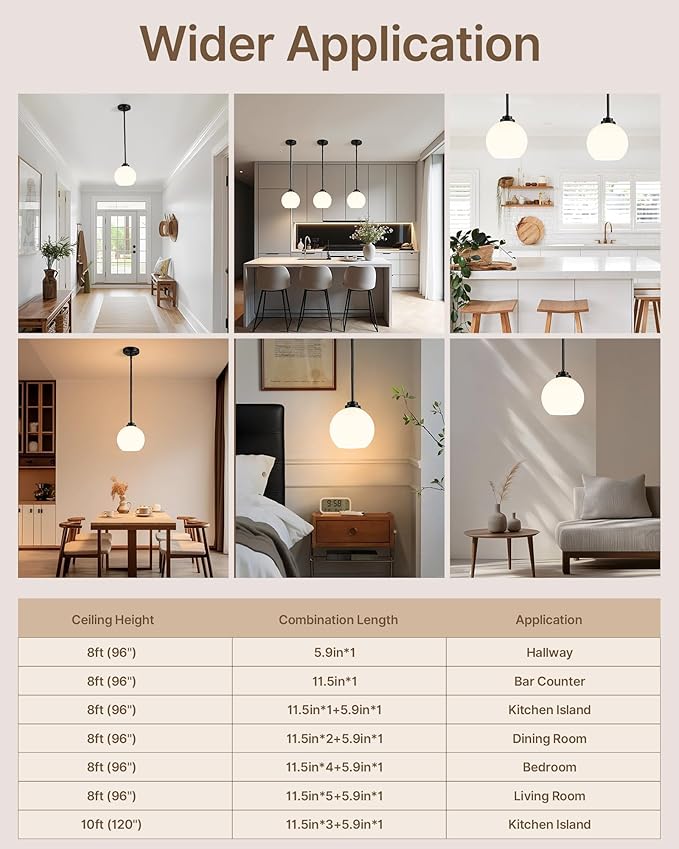 Majade Globe Pendant Lights Kitchen Island Pendant Light Fixtures 7.4 Inch Black Mid Century Modern Globe Pendant Lighting with Milk Glass Adjustable Hanging Light Fixtures for Dining Room(2 Pack)