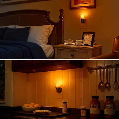 Briignite Candle Night Light, Amber Night Lights Plug into Wall 2 Pack, LED Flicker Candle Night Light with Light Sensor, 0-100LM Dimmable Nightlight for Kids Hallway Bathroom