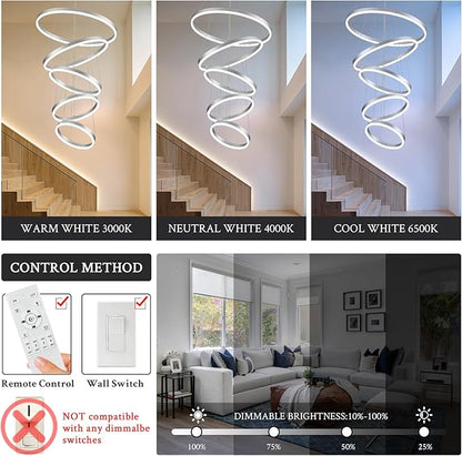 Modern LED Chandelier for Foyer Dimmable Silver High Ceiling Chandeliers Foyer with Remote Control for Entryway Dining Room Living Room Staircase, 3000K-6500K(5-Rings D23.6’’)