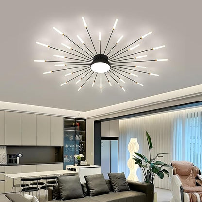 JAYMP 50.4" Ceiling Light Modern Flower Shape Ceiling Lamp for Living Room Dining Room Flush Mount Metal Acrylic Sputnik Firework Petal LED Lighting Fixture (Matte Black, 30+1 Lights)