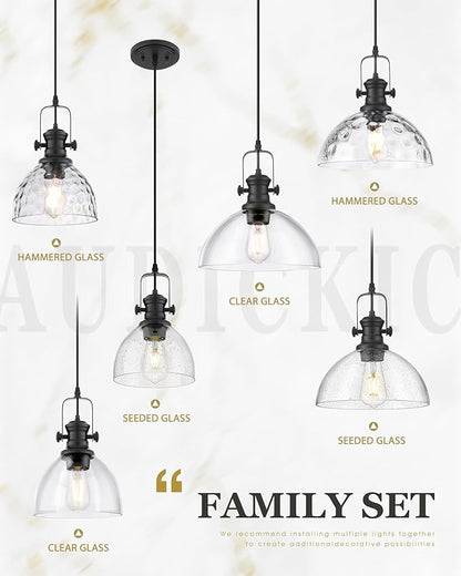 Large Pendant Lights Kitchen Island, 10.5" Farmhouse Black Pendant Lighting with Hammered Glass Shade, Vintage Hanging Light Fixtures for Dining Room Entryway, AD-22151-1PL-BK-H