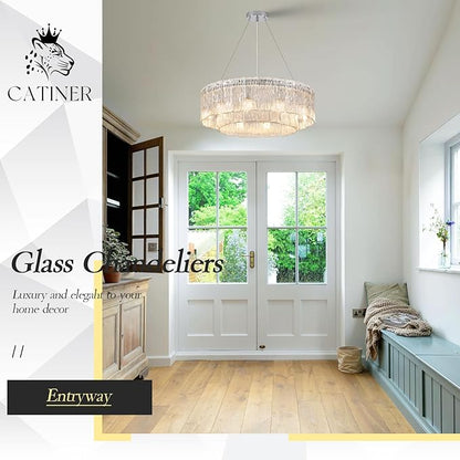 Modern 24” Chrome Chandeliers 10-Light Crystal Glass Round Chandelier Luxury Drum Ceiling Pendant Light Fixtures 2 Tiers Hanging Lighting for Dining Room Foyer Living Room Bedroom