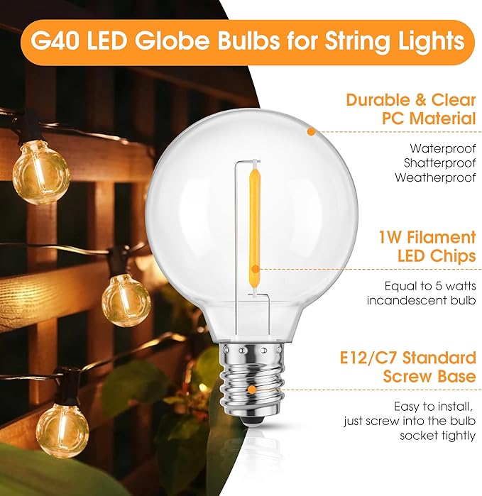 Mlambert G40 LED Replacement Light Bulbs for String Lights, Dimmable E12 Base Shatterproof Bulbs, 1W Equal to 5W, Warm White 2700K, 75Pack, Not Solar