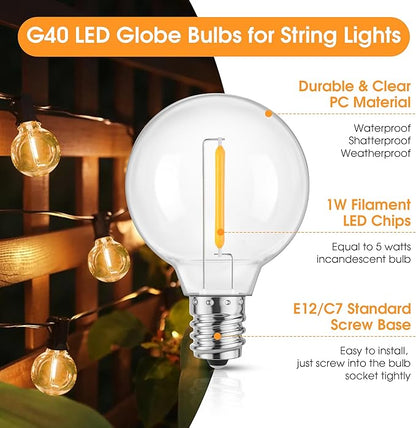 Mlambert G40 LED Replacement Light Bulbs for String Lights, Dimmable E12 Base Shatterproof Bulbs, 1W Equal to 5W, Warm White 2700K, 25Pack, Not Solar