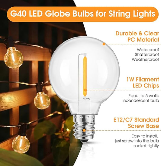 Mlambert G40 LED Replacement Light Bulbs for String Lights, Dimmable E12 Base Shatterproof Bulbs, 1W Equal to 5W, Warm White 2700K, 25Pack, Not Solar