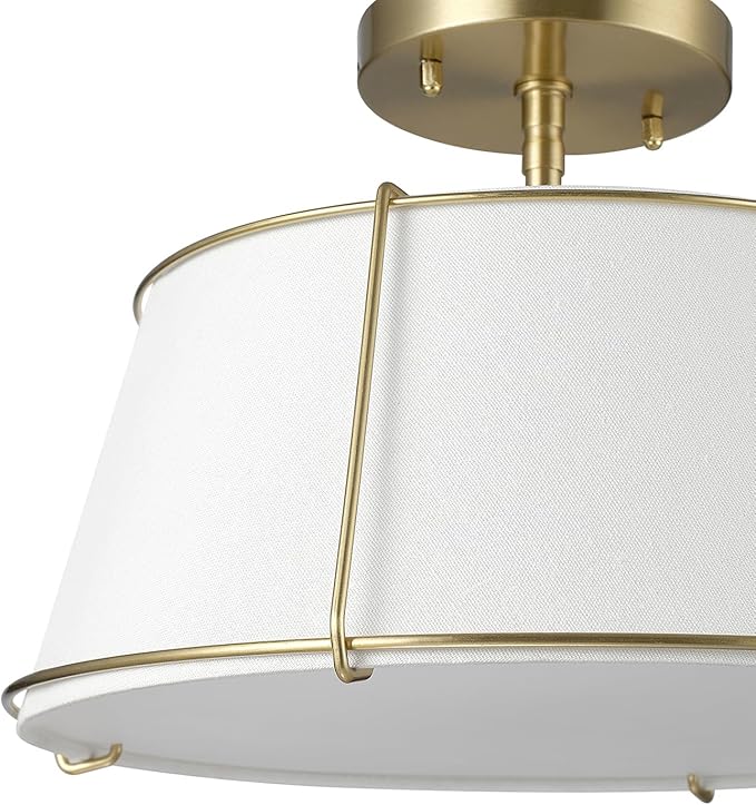 Globe Electric 2-Light Flush Mount Ceiling Light, Matte Brass, Off-White Fabric Shade with Acrylic Diffuser, Updated Traditional Style