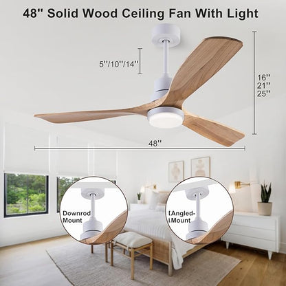 48" Wooden Ceiling Fans with Lighted Remote Control, Indoor Outdoor Wooden Ceiling Fan, Outdoor Modern Ceiling Fan with 3 Fan Blades for Patio, Living Room, Farmhouse, etc (White + Wood Color)…