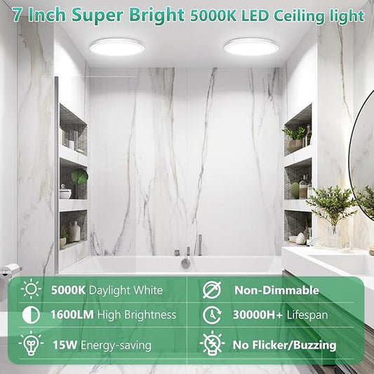 Brightever 7 Inch LED Flush Mount Ceiling Light Fixture, 15W 1600LM, Super Slim 0.67 Inch Small LED Ceiling Light, 5000K Daylight White Ceiling Lamps for Bedroom, Closet, Hallway, Non-Dimmable, 1 Pack