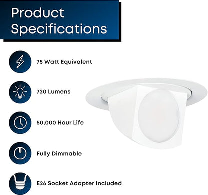 Feit Electric 4 inch Adjustable Scoop Recessed LED Downlight - 5000K Daylight - Dimmable - 65W Equivalent - 45 Year Life - 720 Lumen - High CRI