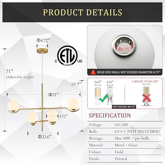CATINER 4 Lights Modern Gold Sputnik Chandelier, L31 '' Large Mid Century Long Ceiling Pendant Light Fixtures with Milk Glass Globe Shades for High Ceiling Living Room Foyer Dining Room Bedroom