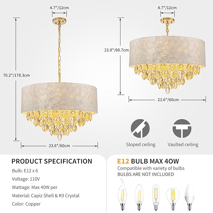 X-Large 6-Light Drum Capiz Shell K9 Crystal Chandelier, Coastal Style Pendant Light Fixture for Dining Room, Living Room, D24 * H24~70 Inch (Adjustable), Champagne Crystal & Chrome Finish