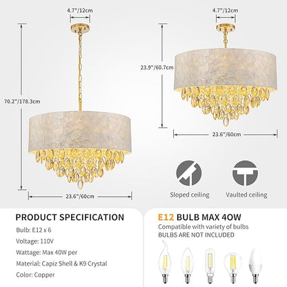 X-Large 6-Light Drum Capiz Shell K9 Crystal Chandelier, Coastal Style Pendant Light Fixture for Dining Room, Living Room, D24 * H24~70 Inch (Adjustable), Champagne Crystal & Chrome Finish