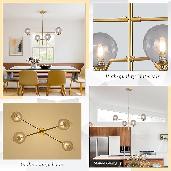 CATINER Gold Sputnik Chandelier, Large Modern 4 Lights L31 '' Mid Century Long Ceiling Pendant Light Fixture with Smoke Glass Globe Shades for High Ceiling Living Dining Room Foyer Bedroom