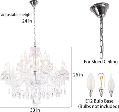 Clear K9 Crystal Chandelier 15 Light Pendant Lighting Fixture for Dining Room Living Room Bedroom Hallway Entryway Elegant Ceiling Lamp E12 Clear