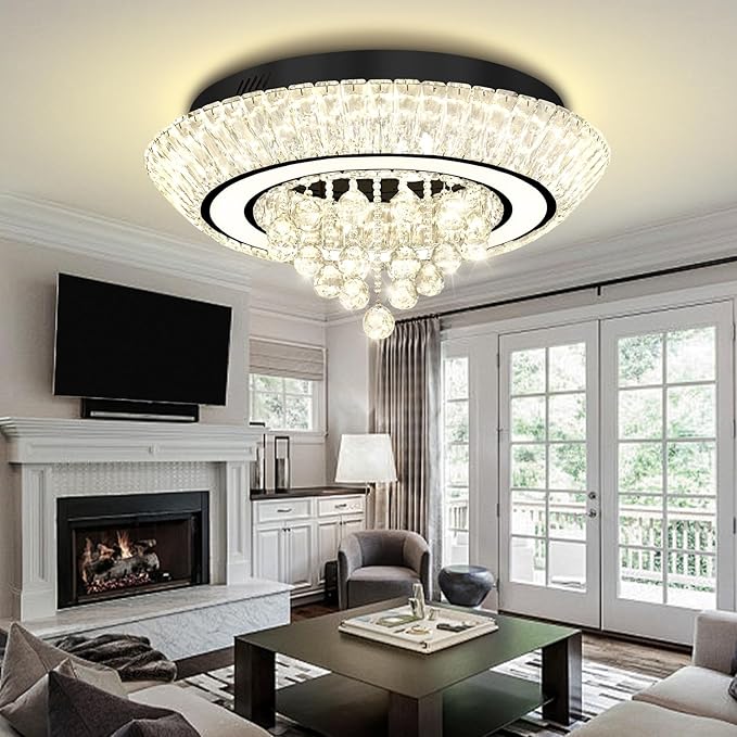 Glam Crystal Chandeliers, Modern Led Luxury Chandelier,24in Black Flush Mount Chandelier Ceiling Light, Raindrop Chandeliers for Dining Room, Living Room, Bedroom