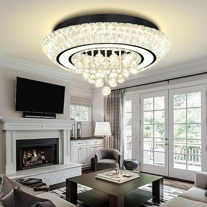Glam Crystal Chandeliers, Modern Led Luxury Chandelier,24in Black Flush Mount Chandelier Ceiling Light, Raindrop Chandeliers for Dining Room, Living Room, Bedroom