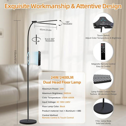 24W/2400LM Dual Head LED Floor Lamp for Living Room, Reading Standing Task Lamp for Office, Adjustable Panels with Remote, No Glare Puzzle Light for Tattoo, Piano, Sewing, Lash, Craft