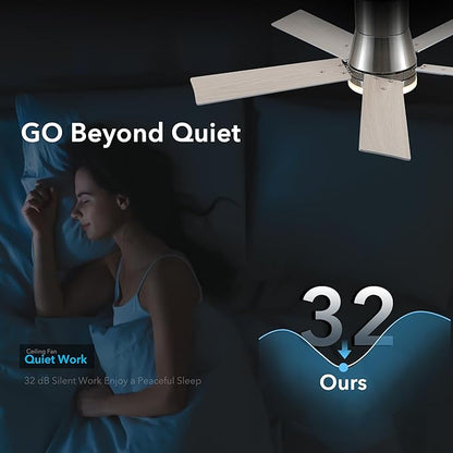 Rayqueen 42 Inch Ceiling Fans with Lights and Remote,Flush Mount Brushed Nickel Ceiling Fan,6 Speed Reversible DC Motor,3CCT Dimmable LED-Low Profile Design for Bedroom, Living room & Covered Outdoor