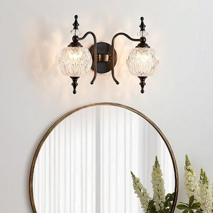 Vintage Crystal Bathroom Wall Sconces Black 2-Light Antique Vanity Light Fixtures Retro Wall Sconce Light with Crystal Glass Shade for Bathroom Bedroom Dinning Room