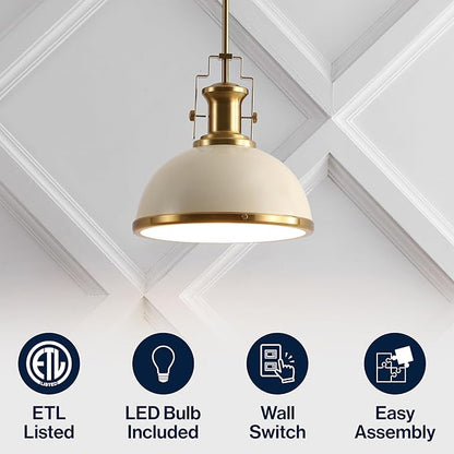 JONATHAN Y JYL9536F 13" Modern Industrial Dome Pendant Light, Farmhouse Hanging Light Fixture in Almond and Brass Gold, Adjustable Height Metal Lighting for Kitchen Island, Dining Room, Entryway