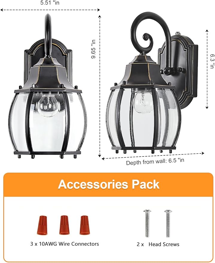 Dusk to Dawn Outdoor Wall Light Vintage Wall Lamp Outside with IP65 Sensor Exterior Light Fixtures Wall Mount Porch Light E26 Exterior Wall Sconces in Black with Gold Rim for House 2-Pack