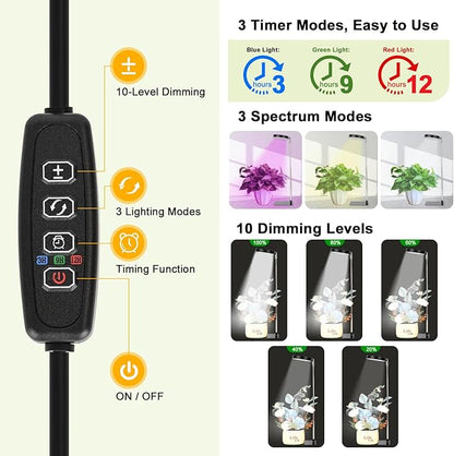 Indoor Plant Growth Lamp, Full-Spectrum 48-LED Indoor Plant Lamp, 3 Selectable Spectra, 3/9/12 Hours, 10 Brightness, Adjustable Height from 7 to 26 Inches