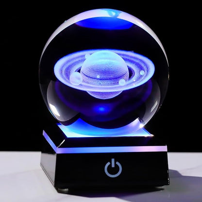 Arikyrist 3D Saturn Crystal Ball Figurine with LED Base, Laser Engraved Glass Planet Model Sphere Gifts for Home Office Decor, Saturn Planet Model Space Universe Gifts for Astronomy Lovers (80mm)
