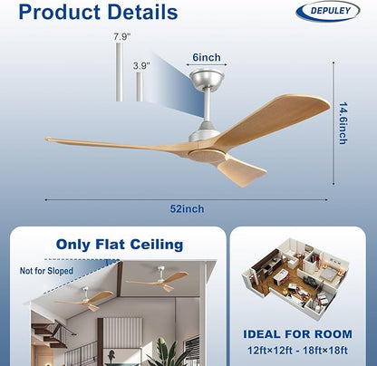 Depuley Ceiling Fan Without Light: 52 Inch 3 Blade Indoor Outdoor Fans for Patios - Wood Ceiling Fan No Light Remote APP Control Ultra Quiet DC Motor Reversible 6 Speed Timer