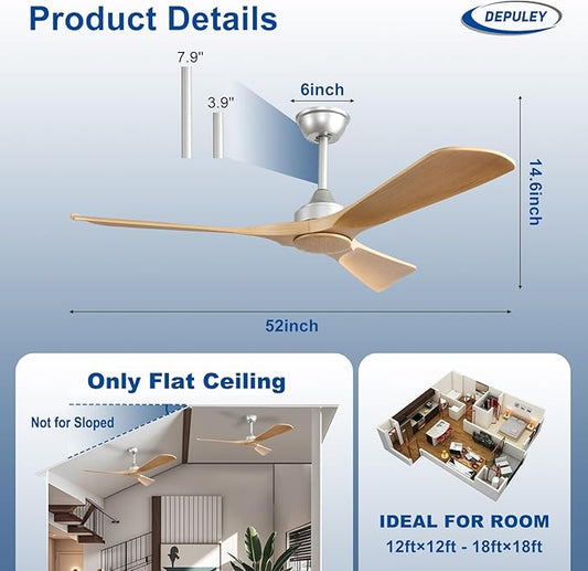Depuley Ceiling Fan Without Light: 52 Inch 3 Blade Indoor Outdoor Fans for Patios - Wood Ceiling Fan No Light Remote APP Control Ultra Quiet DC Motor Reversible 6 Speed Timer