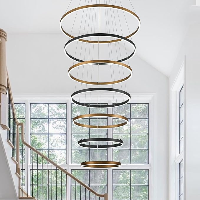 7 Ring LED Chandelier Black Gold Chandelier Large Dimmable Circular Chandeliers Light High Ceiling Round Chandeliers for Foyer Staircase Living Room 31in
