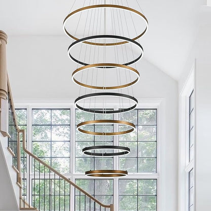 7 Ring LED Chandelier Black Gold Chandelier Large Dimmable Circular Chandeliers Light High Ceiling Round Chandeliers for Foyer Staircase Living Room 31in