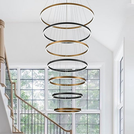 7 Ring LED Chandelier Black Gold Chandelier Large Dimmable Circular Chandeliers Light High Ceiling Round Chandeliers for Foyer Staircase Living Room 31in