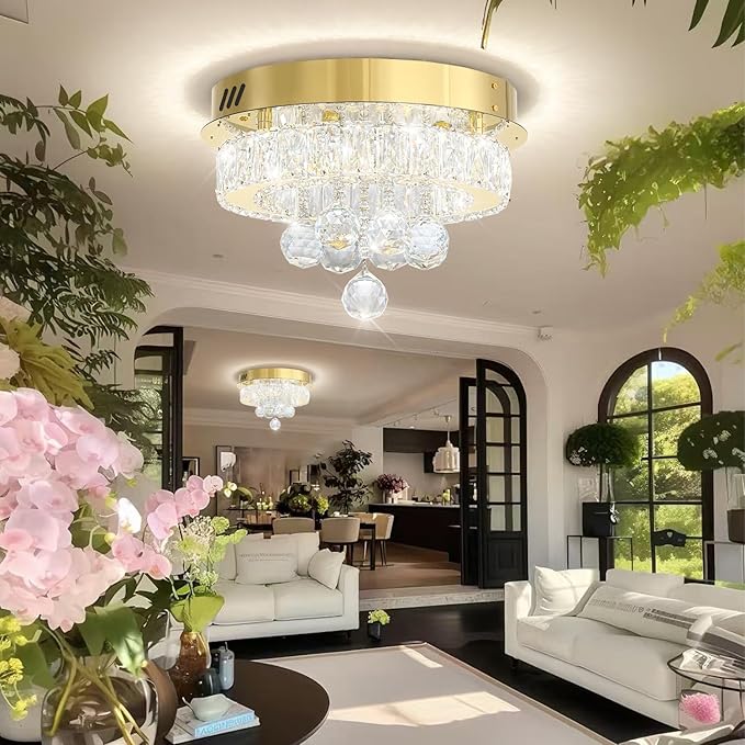 Dia 12" Mini Chandelier Flush Mount Chandelier for Hallway, Crystal Ceiling Chandeliers for Dining Room, Bedroom, Living Room, Entryway, Kitchen (Gold Ceiling Light Fixture)
