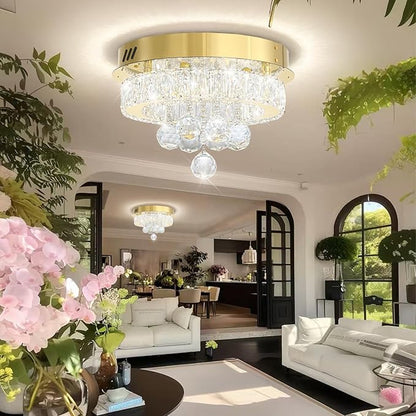 Dia 12" Mini Chandelier Flush Mount Chandelier for Hallway, Crystal Ceiling Chandeliers for Dining Room, Bedroom, Living Room, Entryway, Kitchen (Gold Ceiling Light Fixture)