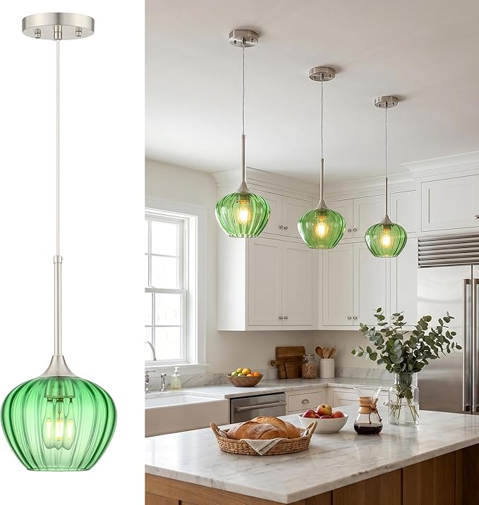 Green Pendant Lights Kitchen Island, 7" Vintage Glass Pendant Lighting with Brushed Nickel Adjustable Hanging Light Fixtures for Kitchen, Dining Room, Sink, Bathroom