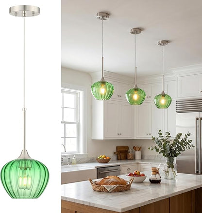 Green Pendant Lights Kitchen Island, 7" Vintage Glass Pendant Lighting with Brushed Nickel Adjustable Hanging Light Fixtures for Kitchen, Dining Room, Sink, Bathroom