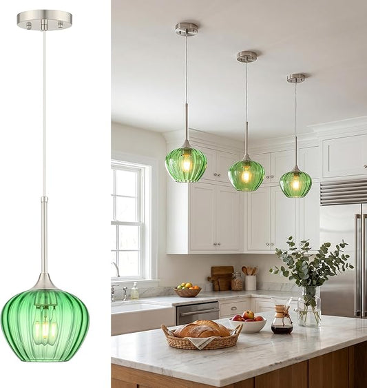 Green Pendant Lights Kitchen Island, 7" Vintage Glass Pendant Lighting with Brushed Nickel Adjustable Hanging Light Fixtures for Kitchen, Dining Room, Sink, Bathroom