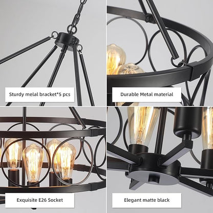 6-Lights Black Chandelier for Dining Room Light Fixture 22.5" Modern Farmhouse Chandeliers Ceiling Light Industrial Drum Hanging Pendant Lights for Kitchen Island Living Room Entryway Bedroom