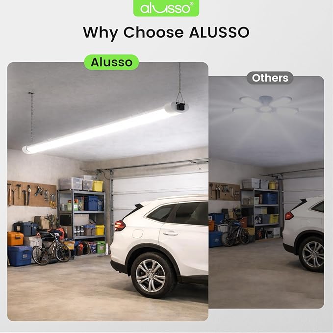 ALUSSO® LED Shop Lights 4FT for Garage, 4800LM Super Bright, Adjustable 2700K 3000K 4000K 5000K 6500K, 120V, Warm to Cool Daylight Linkable Shop Lights for Workshop/Basement, ETL Listed, 2 Pack