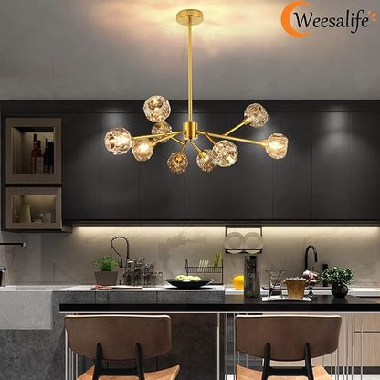 Weesalife Sputnik Chandeliers for Dining Room Light Fixture Over Table, Modern Crystal Chandeliers, 9 Lights Gold Lighting Fixtures for Living Room Bedroom Kitchen Island