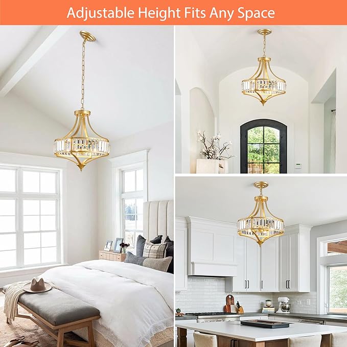 Gold Chandeliers for Dining Room Modern Round Crystal 4 Lights Rustic Pendant Lighting Fixture with Metal Lampshade for Living Room Hallway Bedroom Foyer