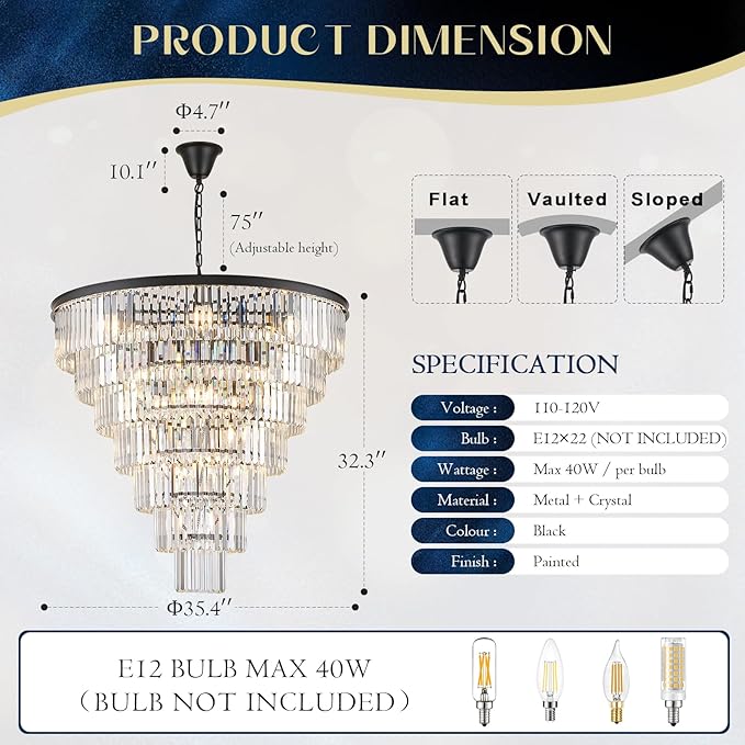 Large Black Crystal Chandelier 36" Round Chandeliers for Staircase Modern 22 Lights 7-Tier Luxury K9 Crystal Ceiling Pendant Lighting Fixture for High Ceiling Living Room Foyer