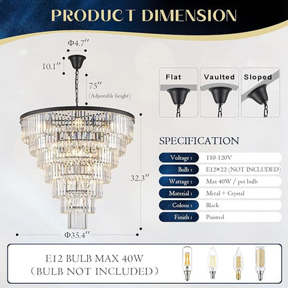 Large Black Crystal Chandelier 36" Round Chandeliers for Staircase Modern 22 Lights 7-Tier Luxury K9 Crystal Ceiling Pendant Lighting Fixture for High Ceiling Living Room Foyer