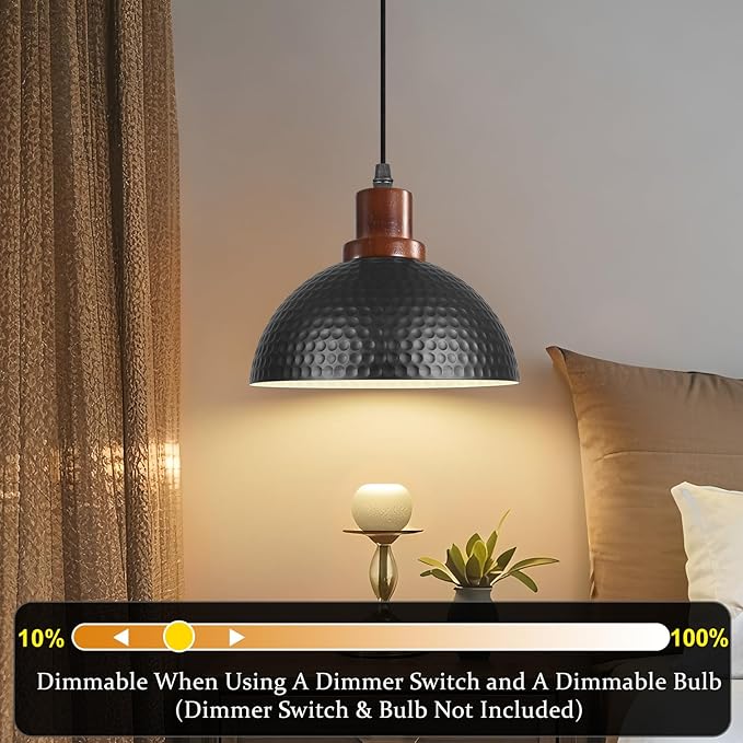 11.8" Wood Pendant Lights Kitchen Island, Hammered Dome Pendant Lighting, Black Pendant Light Fixture Hanging Ceiling Light