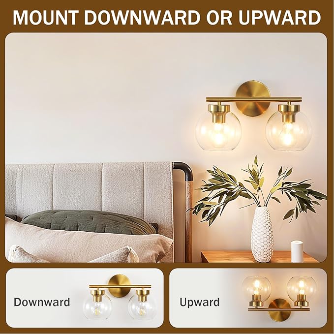 Gold Vanity Light, 2 Light Bathroom Vanity Light with Clear Globe Glass Shades, Modern Bathroom Light Fixture Over Mirror, Brass Wall Sconce Light for Bedroom Restroom, E26 Socket