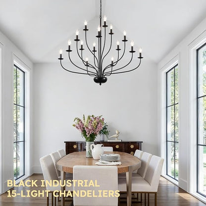 15-Light Black Farmhouse Chandelier, 39" Modern Farmhouse Dining Room Light Fixture for Hight Ceiling, Metal Vintage Entryway Chandelier for Foyer Hallway Entryway Living Room Kitchen E12