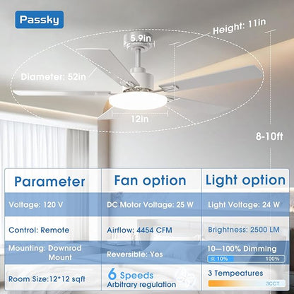 Passky Ceiling Fans with Lights, 52 inch Sleek Ceiling Fan with Light and Remote Control, 3CCT, Dimmable, Reversible, Noiseless, Silver Ceiling Fan for Bedroom, Living Room