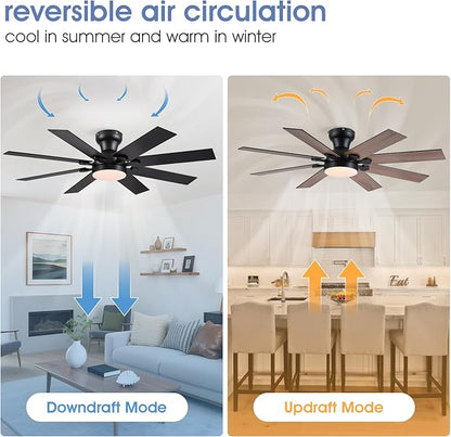 52" Low Profile Ceiling Fans with Lights and Remote, Modern Outdoor Ceiling Fans with 3 Colors 6 Speeds, Flush Mount Ceiling Fan Light with Reversible DC Motor