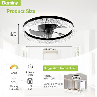 DAMINY 20inch White Ceiling Fans with Lights and Remote, 6CCT, Dimmable Smart Low Profile Ceiling Fan with Light, 6 Speeds Flush Mount Modern Bladeless Ceiling Fan for Bedroom